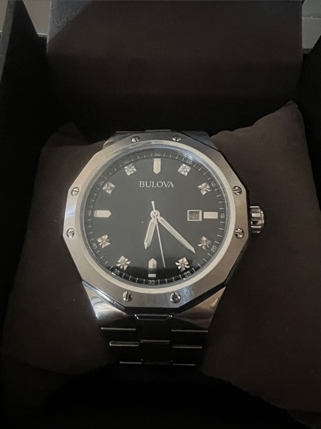 Bulova Mens Black Dial Stainless Steel Watch With Diamond Markers